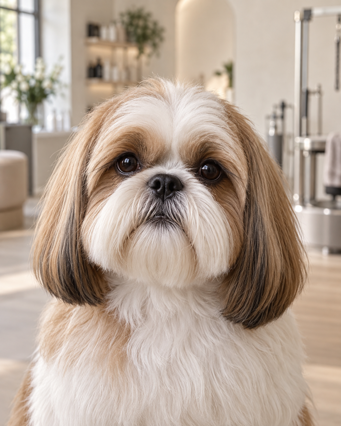 Close de um Shih-tzu em um salão de banho e tosa