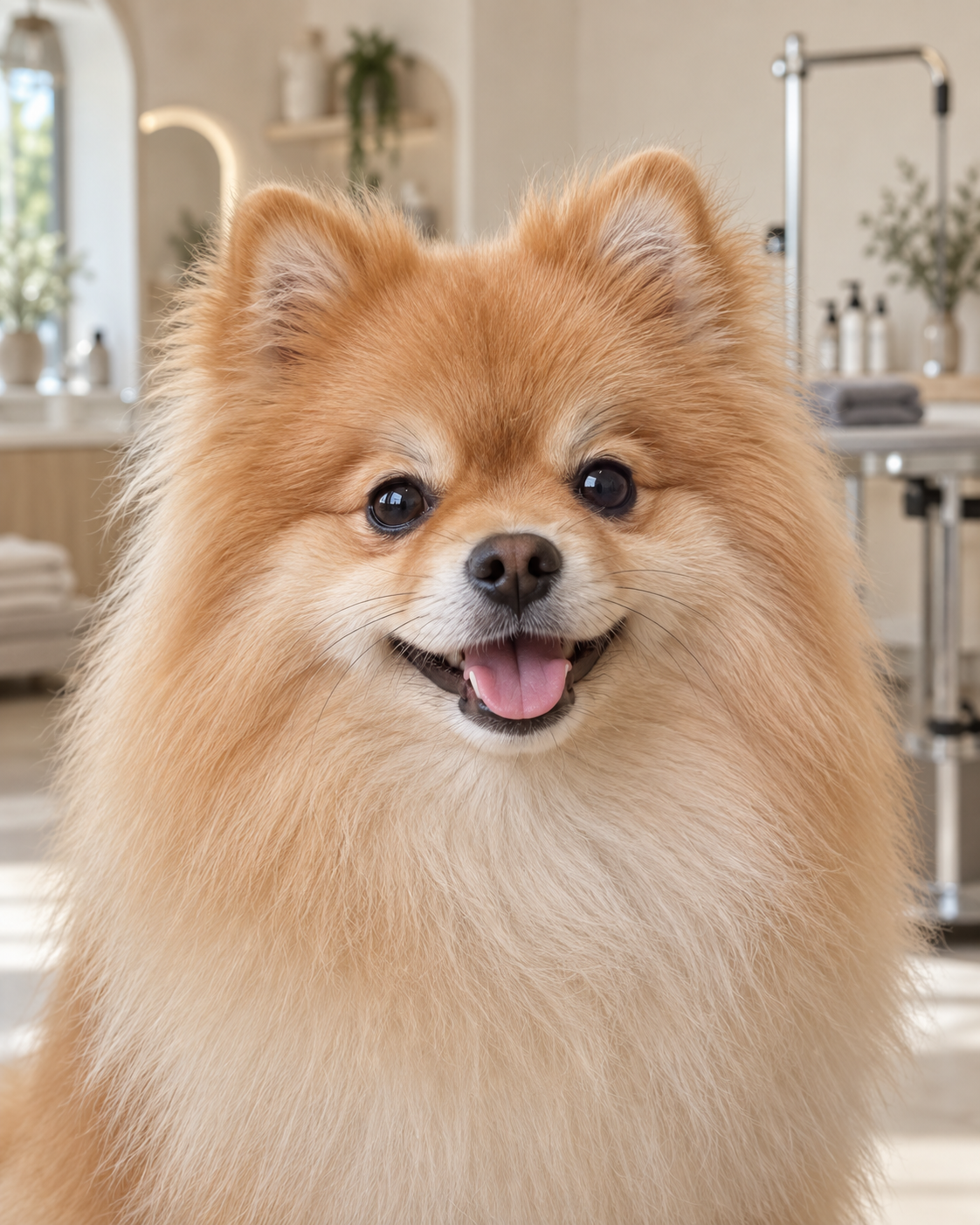 Close de um Spitz/Pomerânia em um salão de banho e tosa
